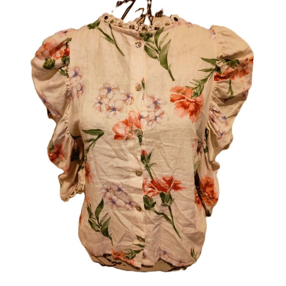 Laura Ashley Linen Blend Floral Puff Sleeve Blouse Lace Cottage Core Feminine M